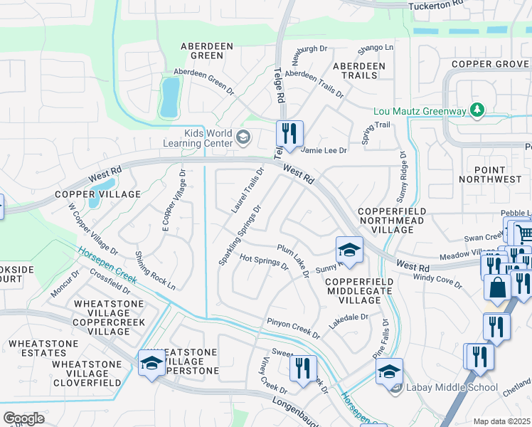 map of restaurants, bars, coffee shops, grocery stores, and more near 8559 Spring Green Drive in Houston