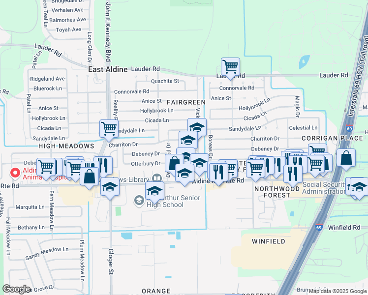 map of restaurants, bars, coffee shops, grocery stores, and more near 12345 Vickery Street in Houston