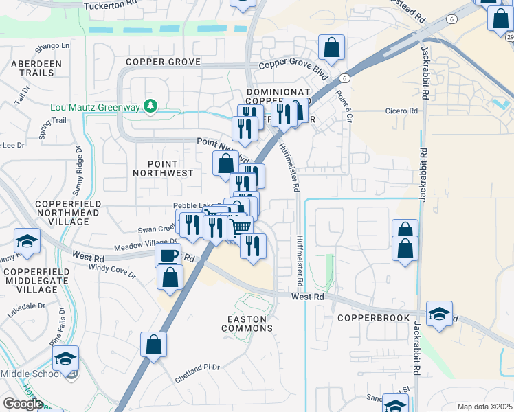 map of restaurants, bars, coffee shops, grocery stores, and more near 8686 Highway 6 North in Houston