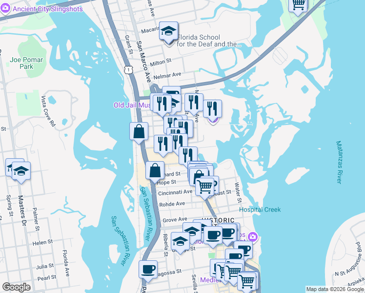 map of restaurants, bars, coffee shops, grocery stores, and more near 3 Myrtle Avenue in St. Augustine