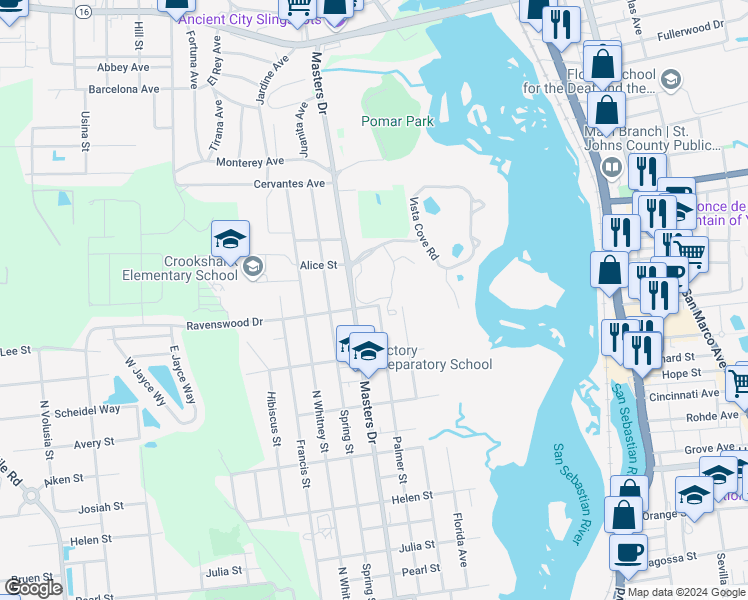 map of restaurants, bars, coffee shops, grocery stores, and more near 4413 Serena Circle in St. Augustine