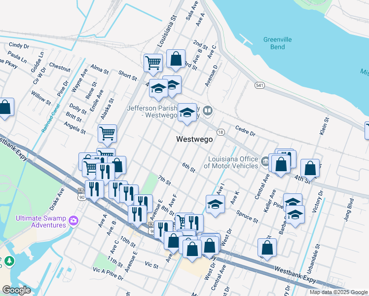 map of restaurants, bars, coffee shops, grocery stores, and more near in Westwego