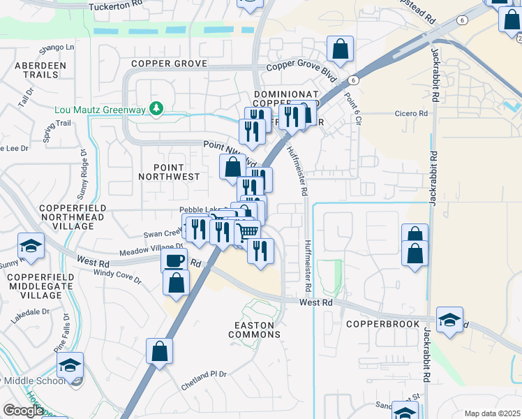 map of restaurants, bars, coffee shops, grocery stores, and more near 8686 Highway 6 North in Houston