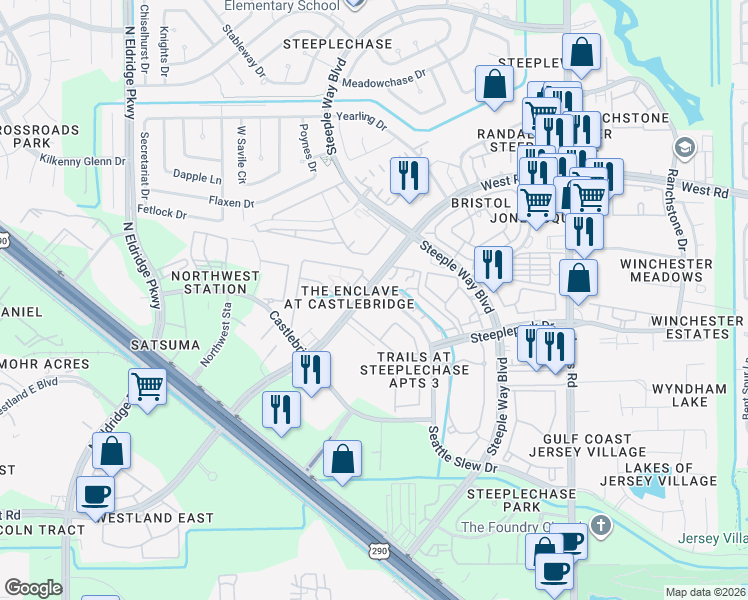 map of restaurants, bars, coffee shops, grocery stores, and more near 113 Saddle Drive in Jersey Village