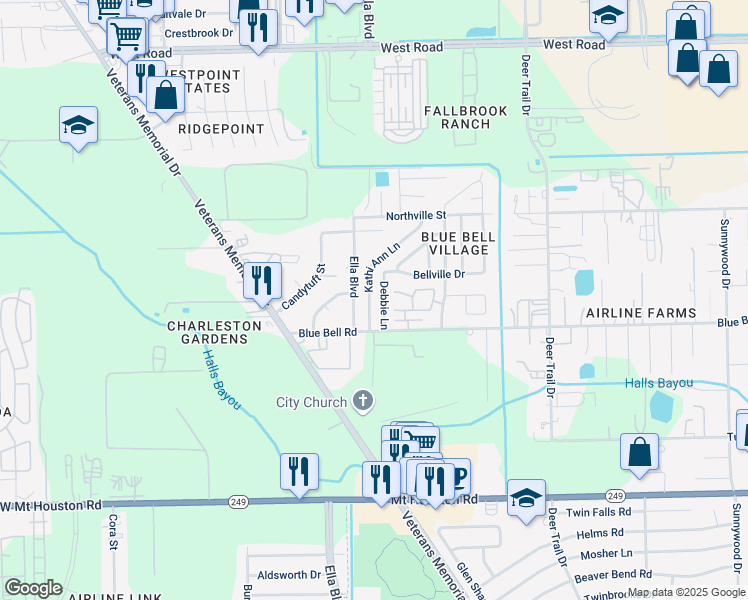 map of restaurants, bars, coffee shops, grocery stores, and more near 9719 Debbie Lane in Houston