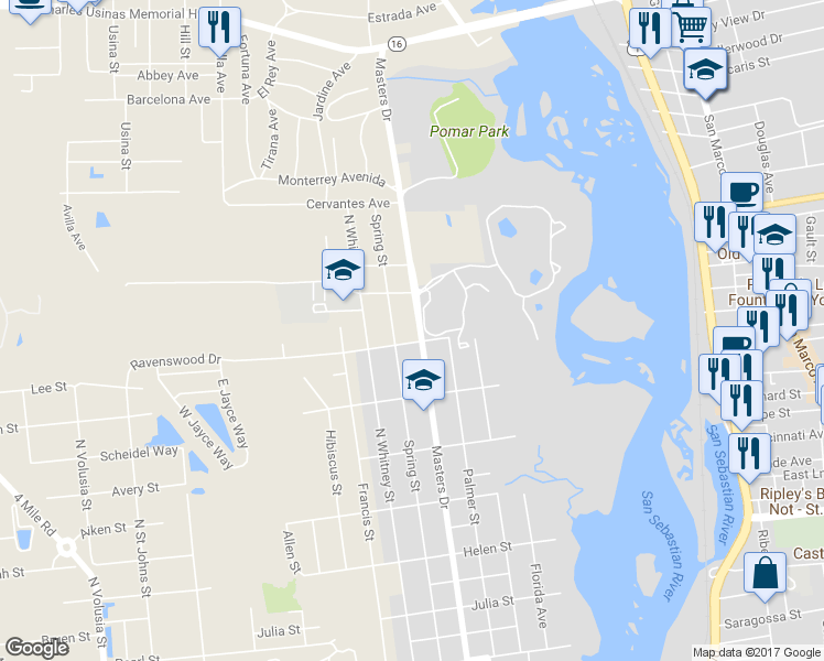 map of restaurants, bars, coffee shops, grocery stores, and more near 1411 Masters Drive in St. Augustine