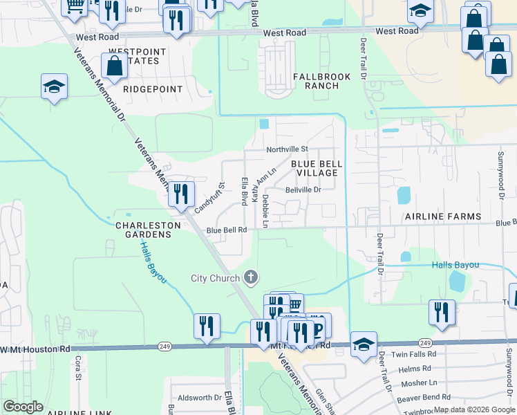 map of restaurants, bars, coffee shops, grocery stores, and more near 9719 Debbie Lane in Houston