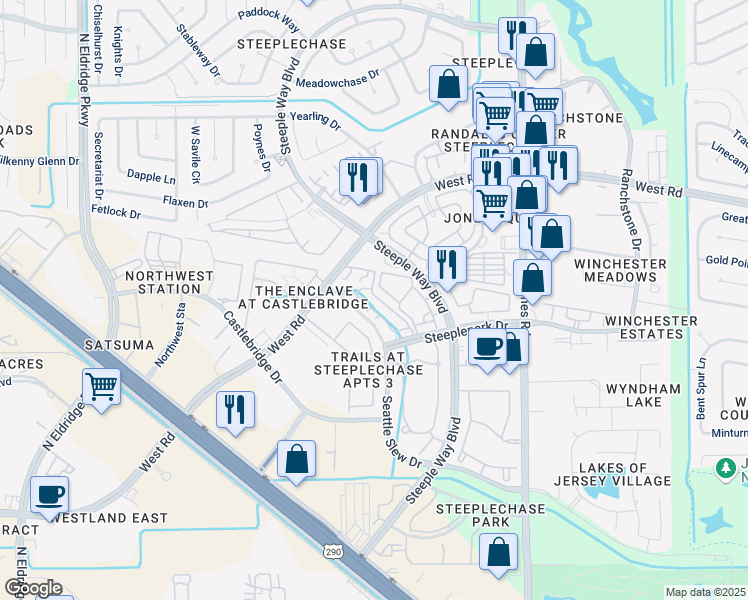 map of restaurants, bars, coffee shops, grocery stores, and more near 11501 West Road in Houston