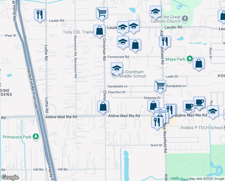 map of restaurants, bars, coffee shops, grocery stores, and more near 1519 Charriton Drive in Houston