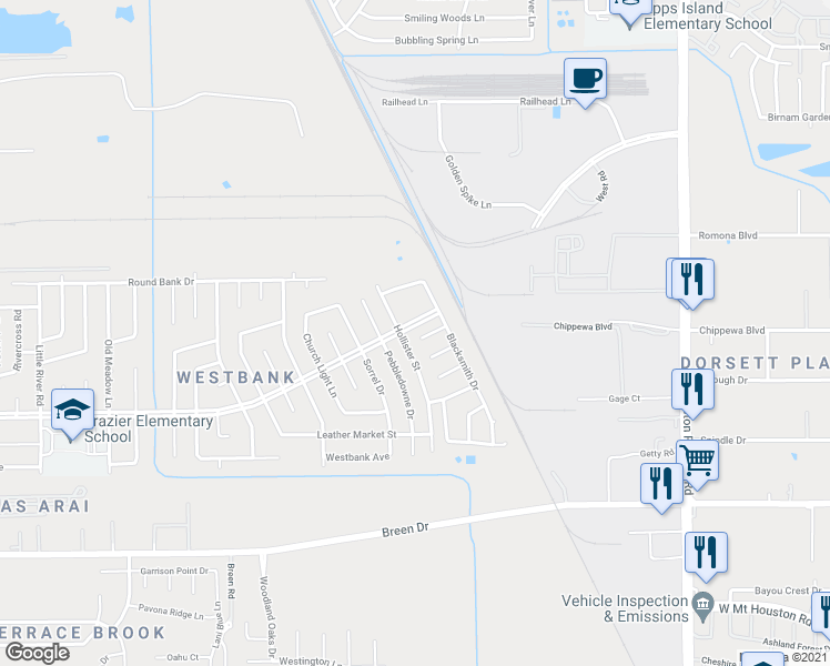 map of restaurants, bars, coffee shops, grocery stores, and more near 7522 Gold Dust Lane in Houston