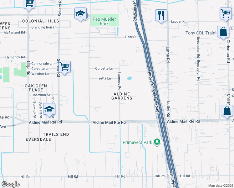 map of restaurants, bars, coffee shops, grocery stores, and more near 14201 Sweeney Road in Houston