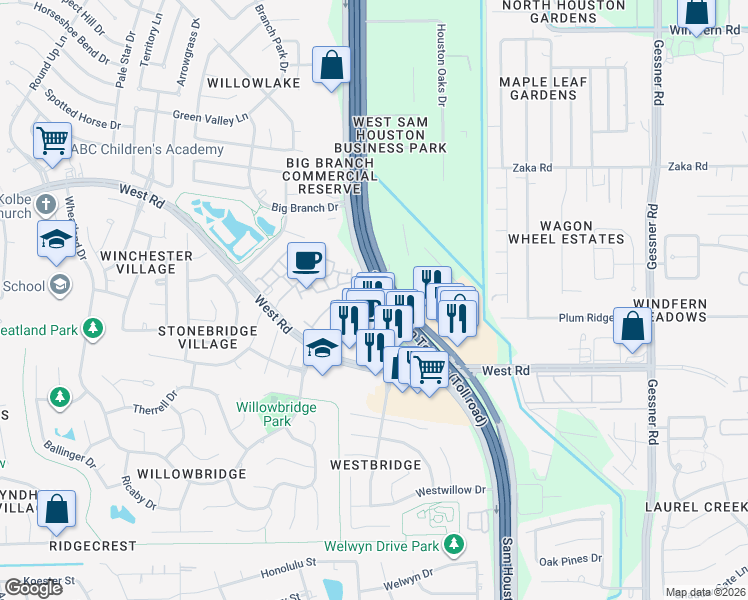 map of restaurants, bars, coffee shops, grocery stores, and more near 9255 West Sam Houston Parkway North in Houston