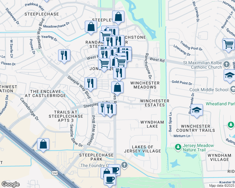 map of restaurants, bars, coffee shops, grocery stores, and more near 9020 Jones Road in Houston