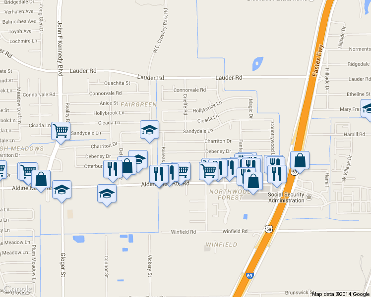 map of restaurants, bars, coffee shops, grocery stores, and more near 4803 Debeney Dr in Houston