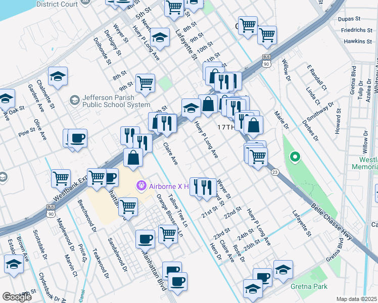 map of restaurants, bars, coffee shops, grocery stores, and more near 1613 Stafford Street in Gretna