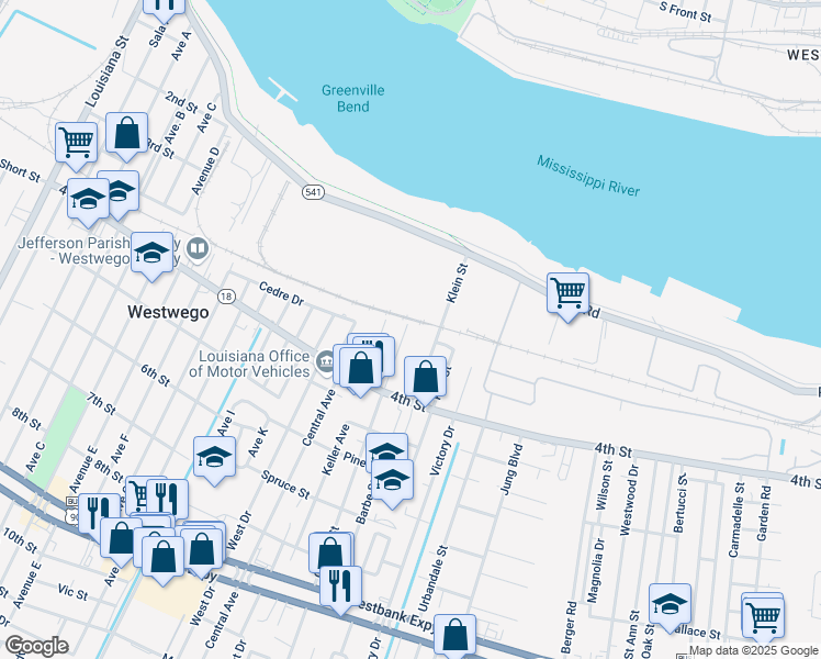 map of restaurants, bars, coffee shops, grocery stores, and more near 407 Celestine Street in Westwego