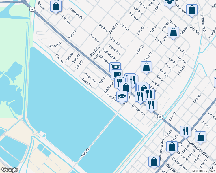 map of restaurants, bars, coffee shops, grocery stores, and more near 2727 27th Street in Port Arthur