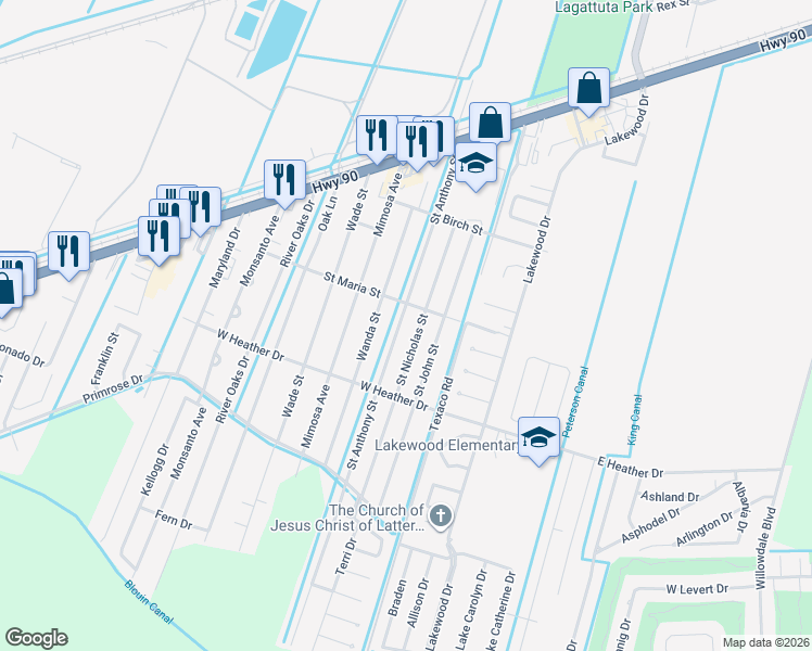 map of restaurants, bars, coffee shops, grocery stores, and more near 207 Saint Anthony Street in Luling
