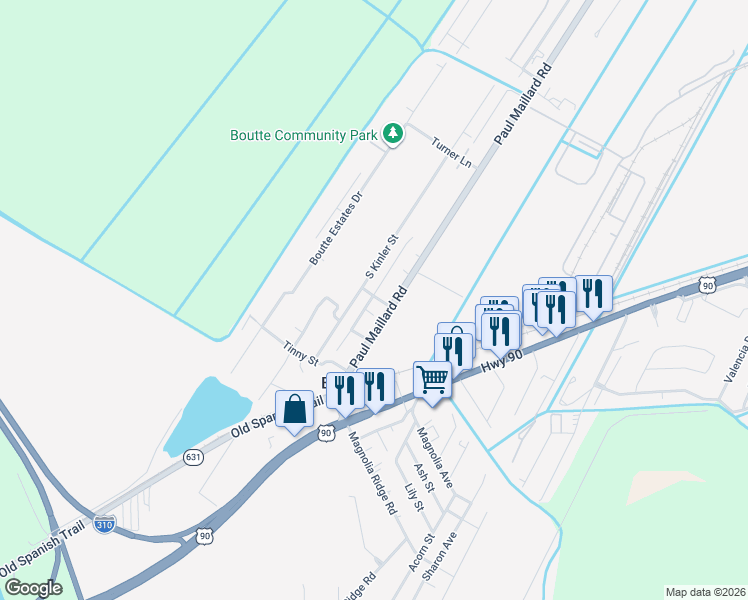map of restaurants, bars, coffee shops, grocery stores, and more near 305 Good Children Street in Boutte