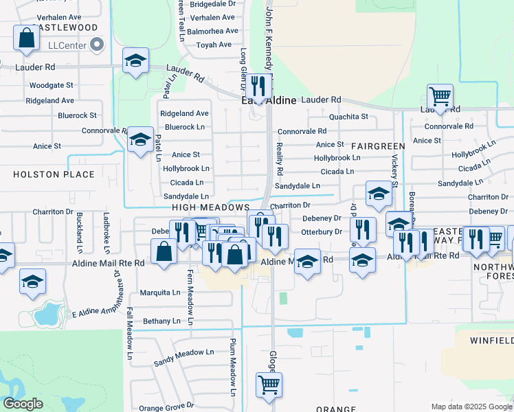 map of restaurants, bars, coffee shops, grocery stores, and more near 12459-12499 John F Kennedy Boulevard in Houston