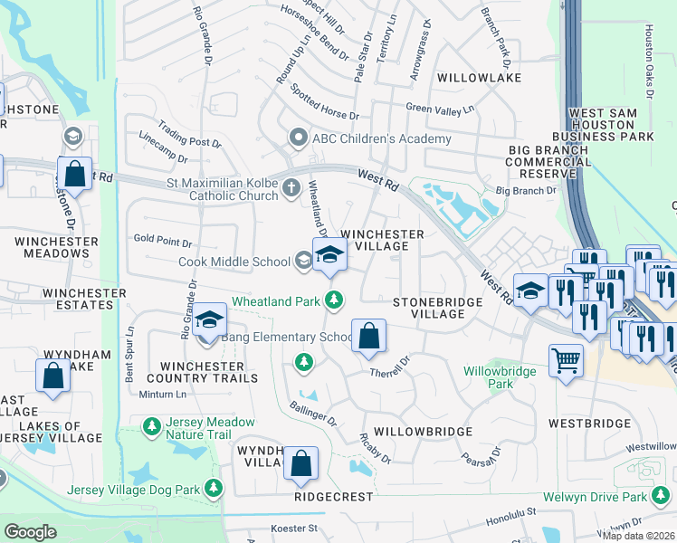 map of restaurants, bars, coffee shops, grocery stores, and more near 9915 West Villa Drive in Houston