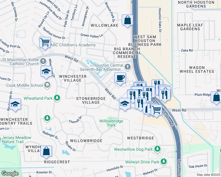 map of restaurants, bars, coffee shops, grocery stores, and more near West Road in Houston