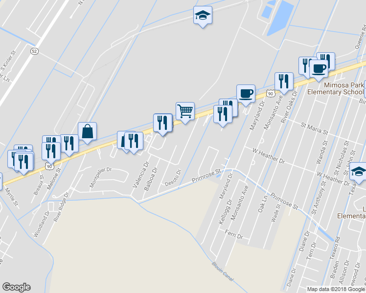 map of restaurants, bars, coffee shops, grocery stores, and more near 206 Coronado Drive in Luling