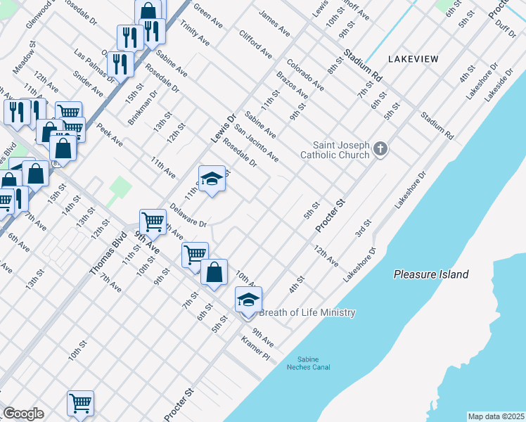map of restaurants, bars, coffee shops, grocery stores, and more near 3939 7th Street in Port Arthur