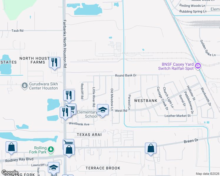 map of restaurants, bars, coffee shops, grocery stores, and more near 8527 Old Meadow Lane in Houston