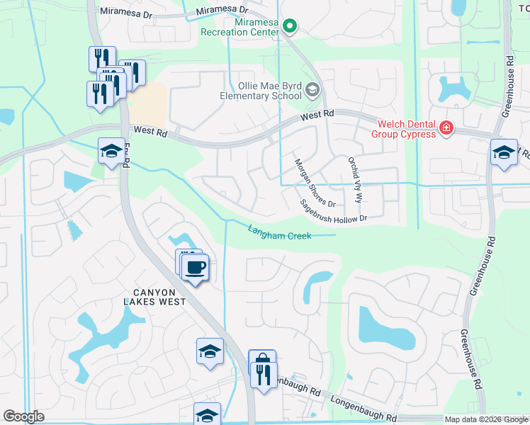 map of restaurants, bars, coffee shops, grocery stores, and more near 20230 Creekdale Bend Drive in Cypress