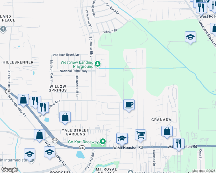 map of restaurants, bars, coffee shops, grocery stores, and more near 11810 Redbud Creek Lane in Houston
