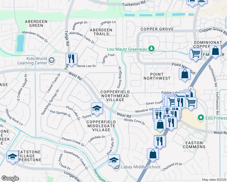 map of restaurants, bars, coffee shops, grocery stores, and more near 8543 Sunny Ridge Drive in Houston