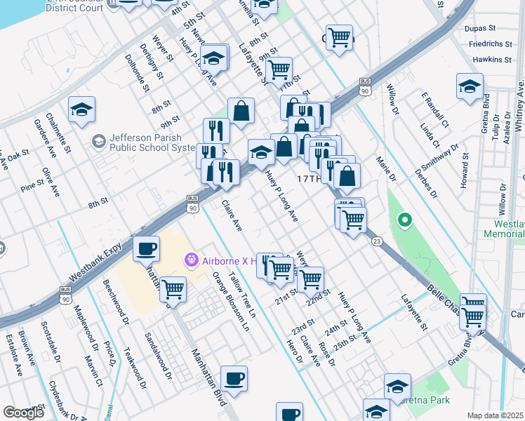 map of restaurants, bars, coffee shops, grocery stores, and more near 1613 Stafford Street in Gretna