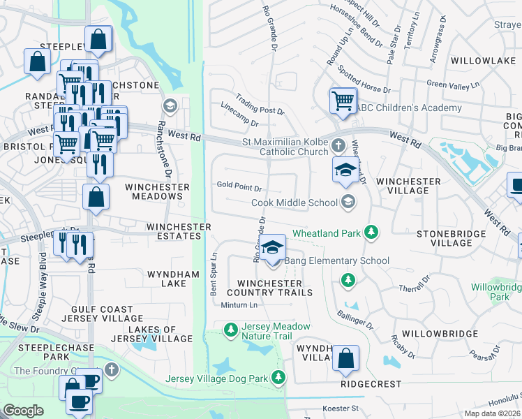 map of restaurants, bars, coffee shops, grocery stores, and more near 10403 Hondo Hill Road in Houston