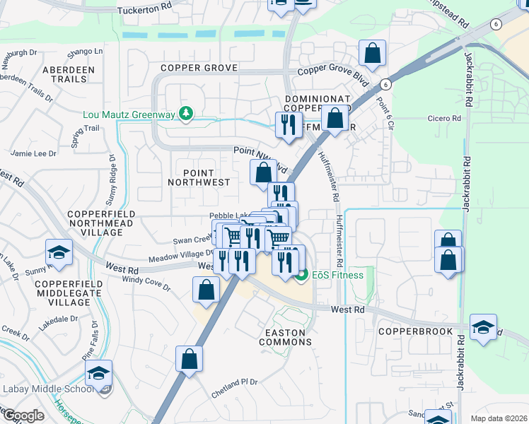 map of restaurants, bars, coffee shops, grocery stores, and more near 15202 Pebble Lake Drive in Houston