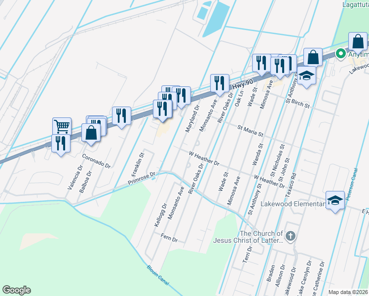 map of restaurants, bars, coffee shops, grocery stores, and more near 219 Maryland Drive in Luling