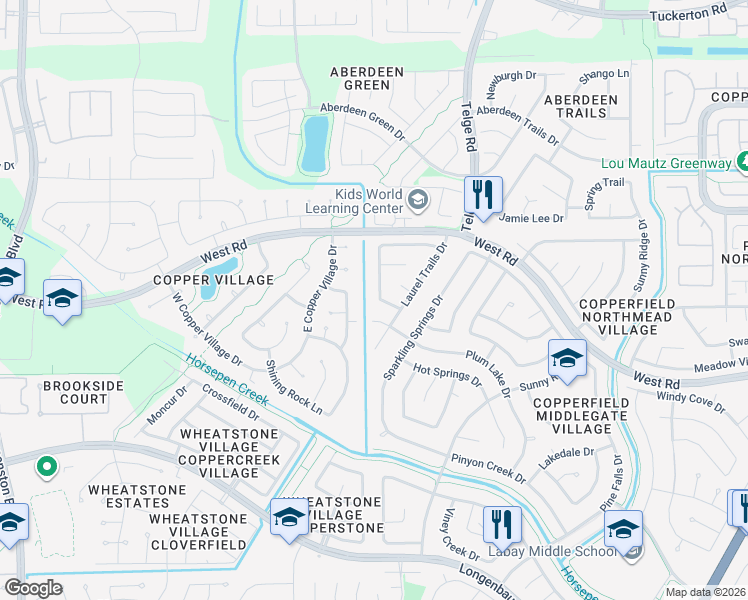 map of restaurants, bars, coffee shops, grocery stores, and more near 8535 Pool Creek Drive in Houston