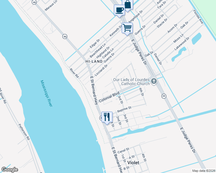 map of restaurants, bars, coffee shops, grocery stores, and more near 17 Jamie Court in Violet