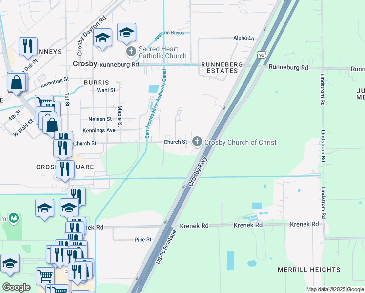 map of restaurants, bars, coffee shops, grocery stores, and more near 1130 Church St in Crosby