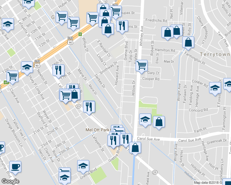 map of restaurants, bars, coffee shops, grocery stores, and more near 182 Willow Drive in Gretna