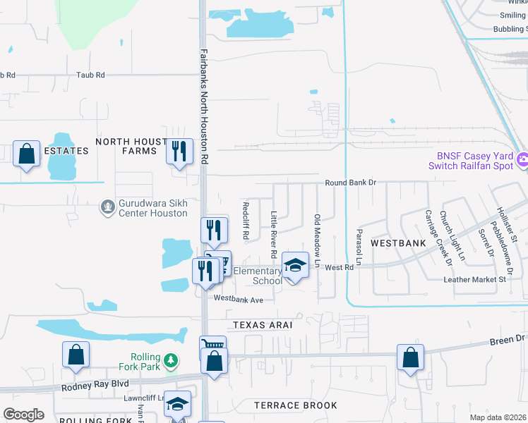 map of restaurants, bars, coffee shops, grocery stores, and more near 8618 Rivercross Road in Houston