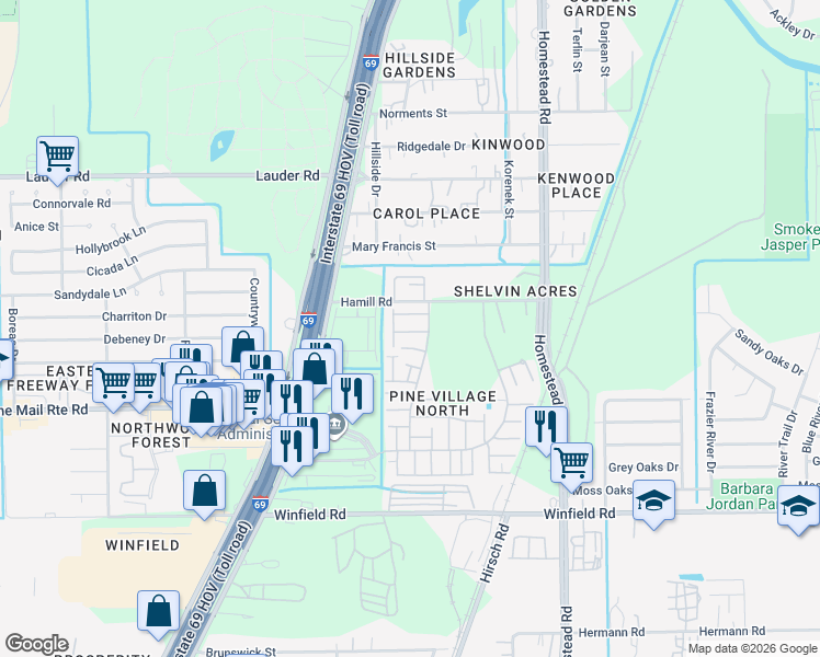 map of restaurants, bars, coffee shops, grocery stores, and more near 12427 West Village Drive in Houston