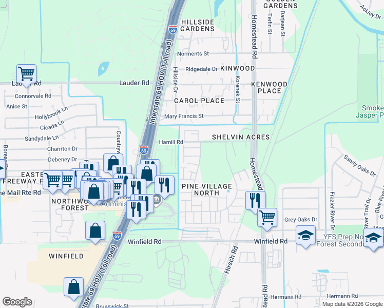 map of restaurants, bars, coffee shops, grocery stores, and more near 12423 West Village Drive in Houston