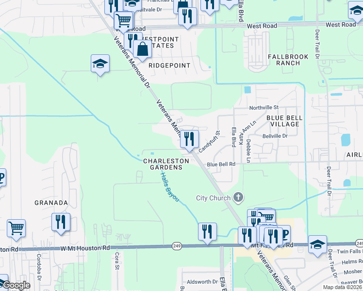 map of restaurants, bars, coffee shops, grocery stores, and more near 9725 Veterans Memorial Drive in Houston