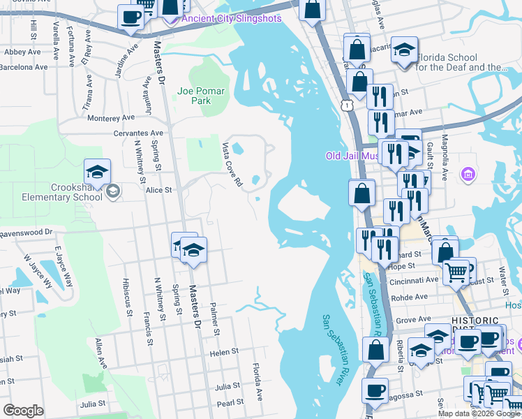 map of restaurants, bars, coffee shops, grocery stores, and more near 3310 Haley Pointe Road in St. Augustine