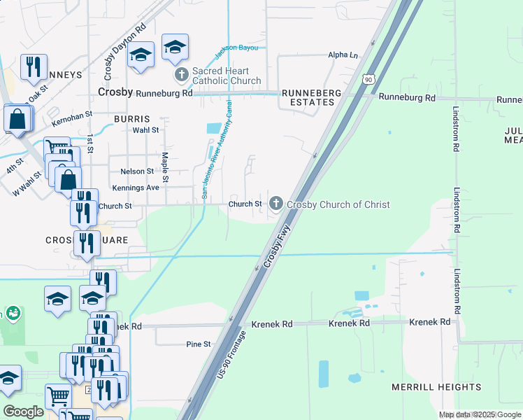 map of restaurants, bars, coffee shops, grocery stores, and more near 1130 Church Street in Crosby