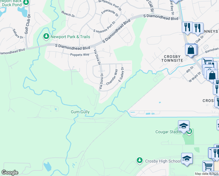 map of restaurants, bars, coffee shops, grocery stores, and more near 810 South Galley Drive in Crosby