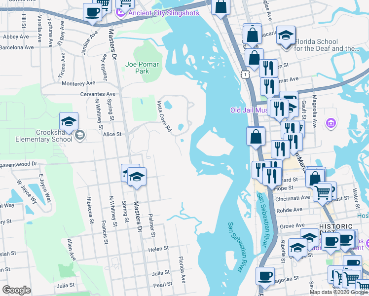 map of restaurants, bars, coffee shops, grocery stores, and more near 3101-3399 Haley Pointe Rd in St Augustine
