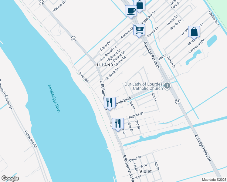 map of restaurants, bars, coffee shops, grocery stores, and more near 17 Jamie Court in Violet