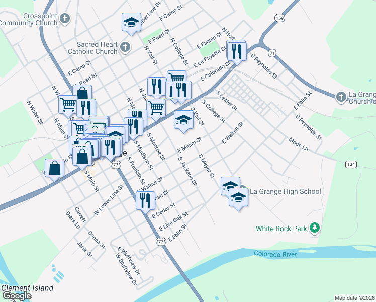 map of restaurants, bars, coffee shops, grocery stores, and more near 542 East Milam Street in La Grange